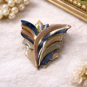 Vintage Ceramic Leaf-Shaped Brooch Pin With Gold Accents & Multicolor Stripes -